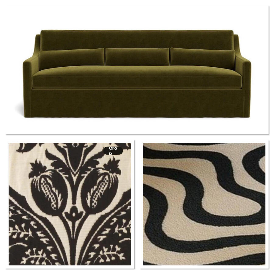 Project soon will be revealed. Here’s a sneak peek into my client’s office remodel. Gorgeous velvet olive sofa with black and ivory accents in drapery and rug. Love the mix of modern and vintage.